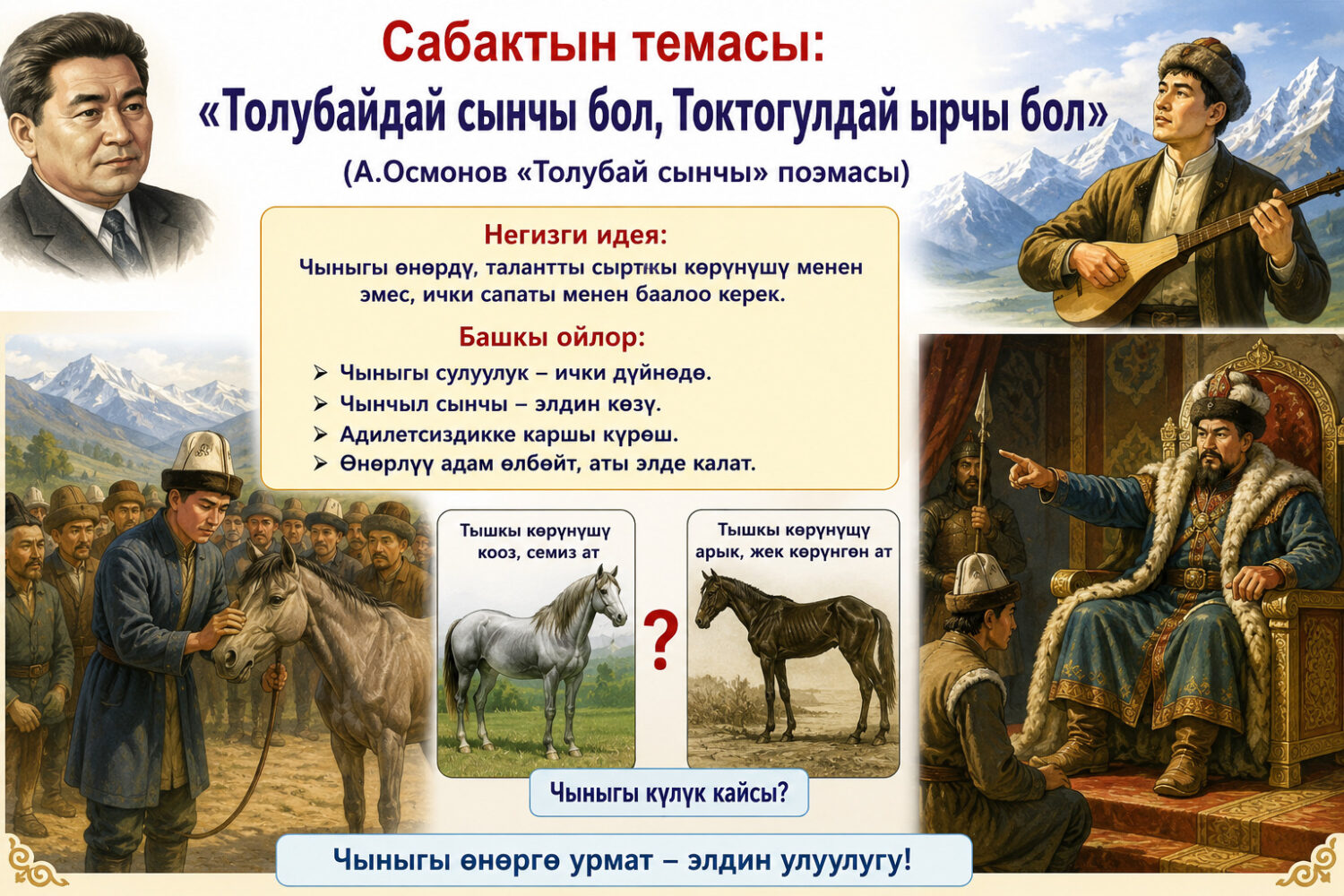 «Толубайдай сынчы бол, Токтогулдай ырчы бол» (А. Осмоновдун «Толубай сынчы» поэмасы)