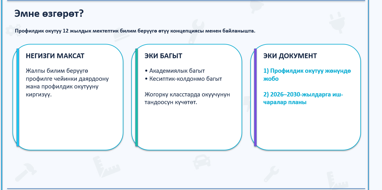 КЫРГЫЗСТАНДА ПРОФИЛДИК ОКУТУУНУ КИРГИЗҮҮНҮН ЖАҢЫ ЭТАБЫ БАШТАЛАТ